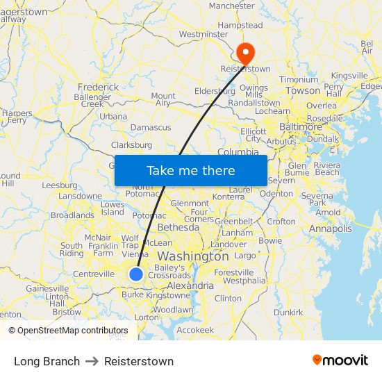 Long Branch to Reisterstown map