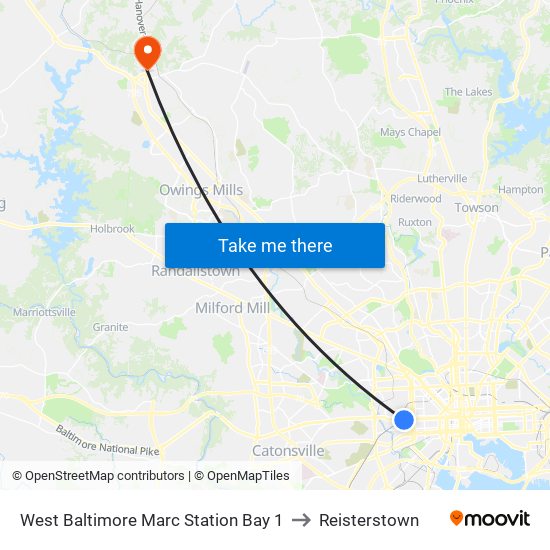 West Baltimore Marc Station Bay 1 to Reisterstown map