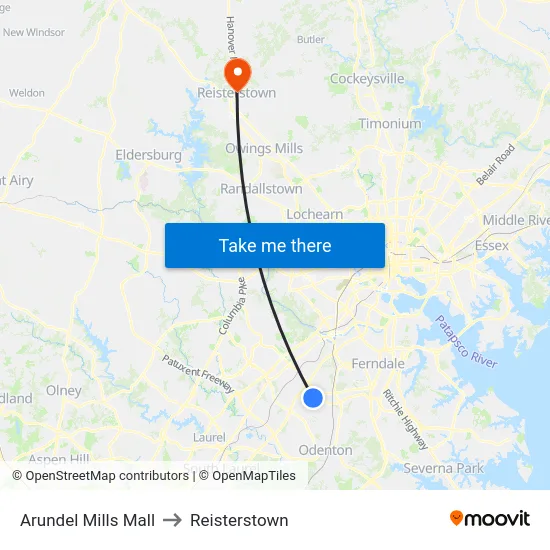 Arundel Mills Mall to Reisterstown map
