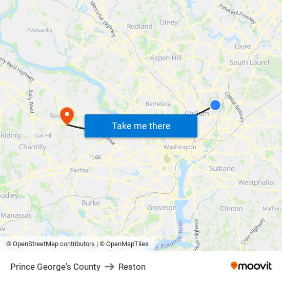 Prince George's County to Reston map