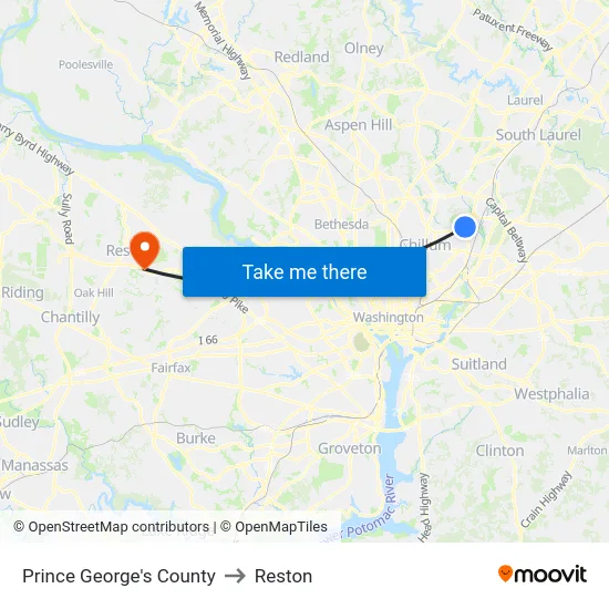 Prince George's County to Reston map