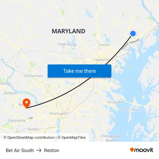 Bel Air South to Reston map