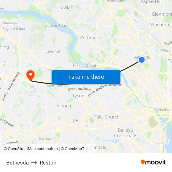 Bethesda to Reston map