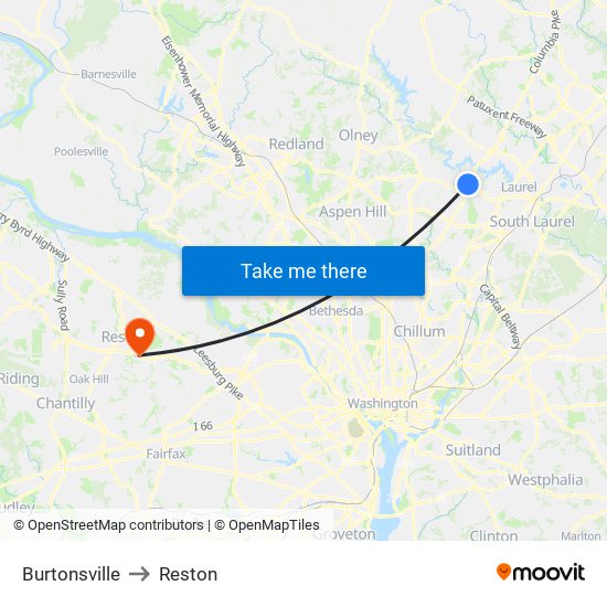 Burtonsville to Reston map