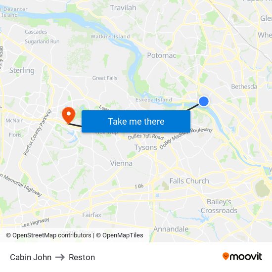 Cabin John to Reston map