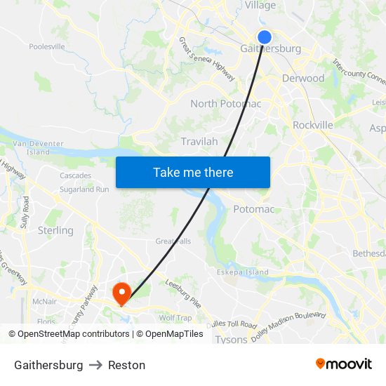 Gaithersburg to Reston map