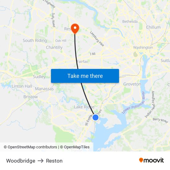 Woodbridge to Reston map