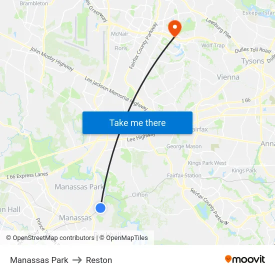 Manassas Park to Reston map
