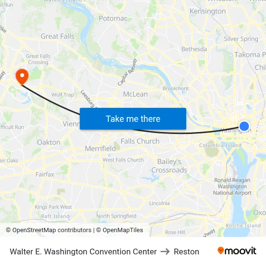 Walter E. Washington Convention Center to Reston map