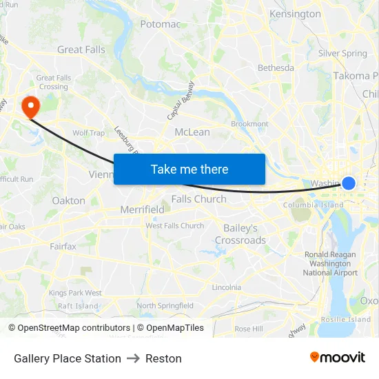 Gallery Place Station to Reston map