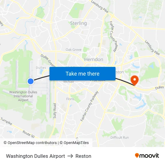 Washington Dulles Airport to Reston map