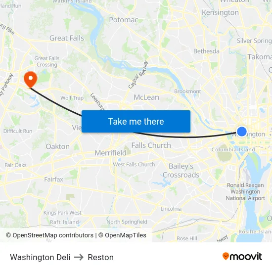 Washington Deli to Reston map