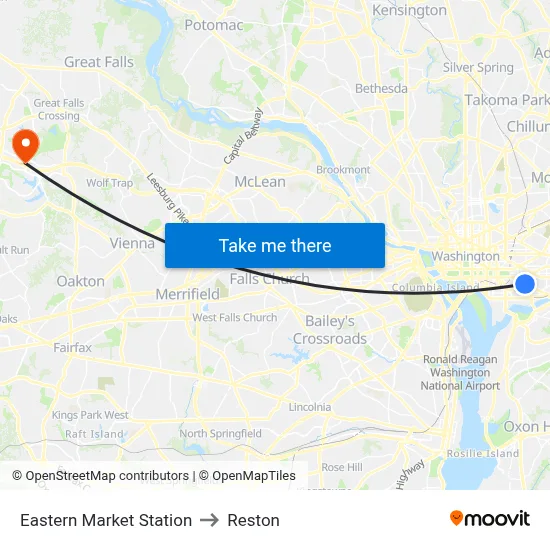 Eastern Market Station to Reston map