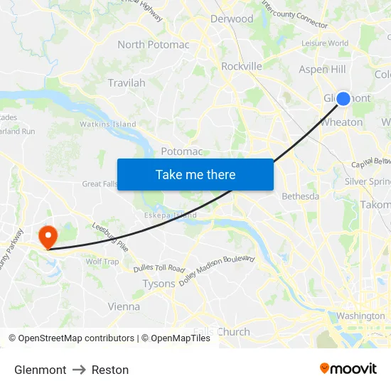 Glenmont to Reston map