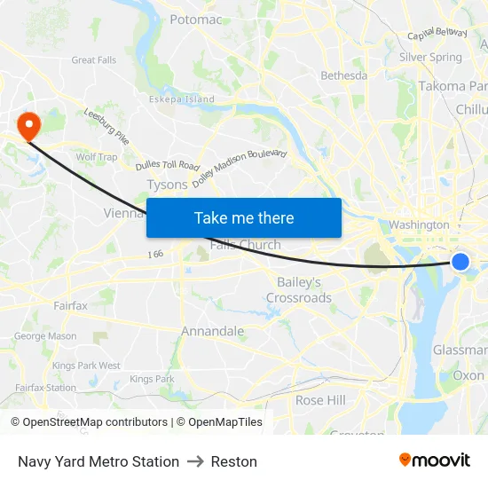 Navy Yard Metro Station to Reston map