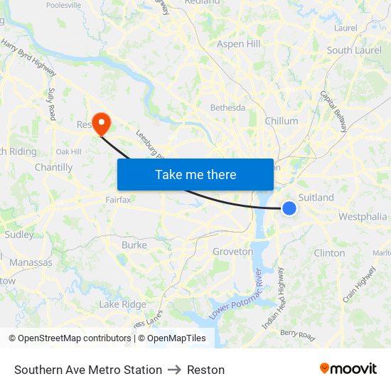 Southern Ave Metro Station to Reston map