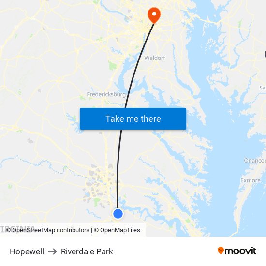 Hopewell to Riverdale Park map