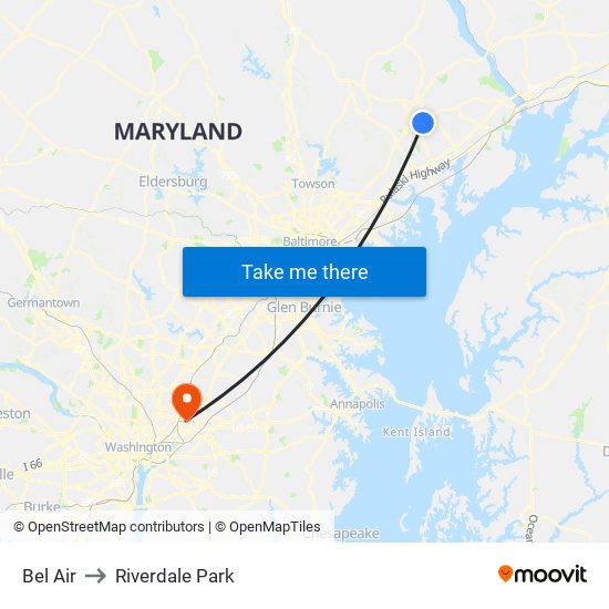 Bel Air to Riverdale Park map