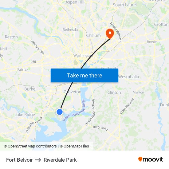 Fort Belvoir to Riverdale Park map