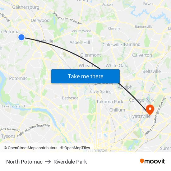 North Potomac to Riverdale Park map