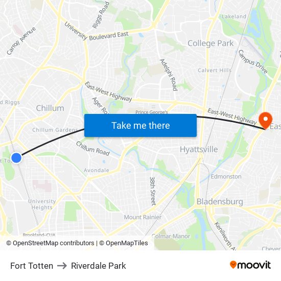 Fort Totten to Riverdale Park map