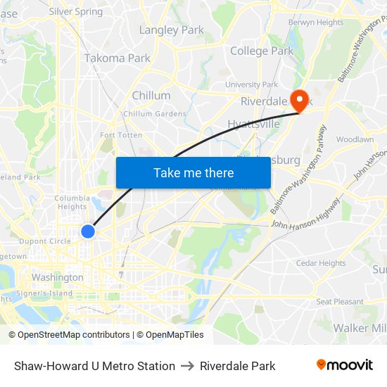 Shaw-Howard U Metro Station to Riverdale Park map