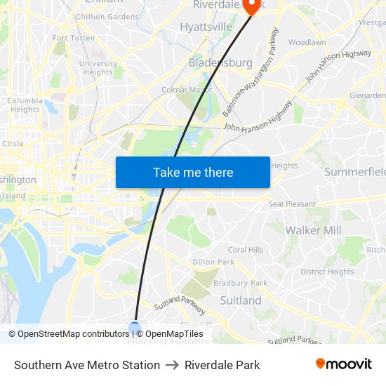 Southern Ave Metro Station to Riverdale Park map