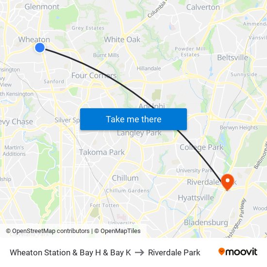 Wheaton Station  & Bay H & Bay K to Riverdale Park map