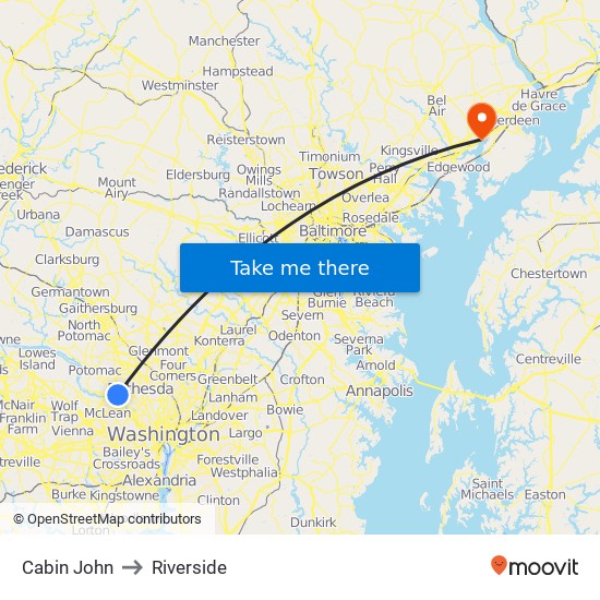 Cabin John to Riverside map