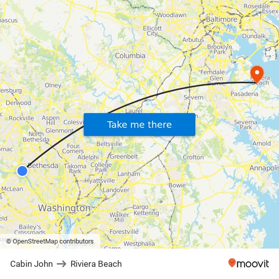 Cabin John to Riviera Beach map