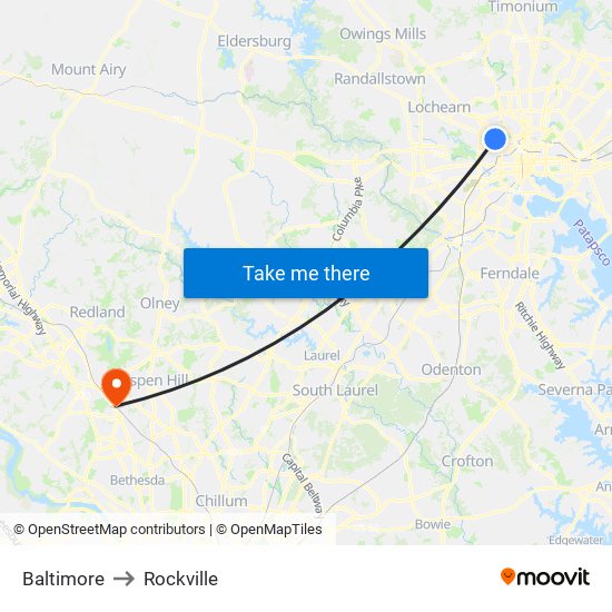 Baltimore to Rockville map