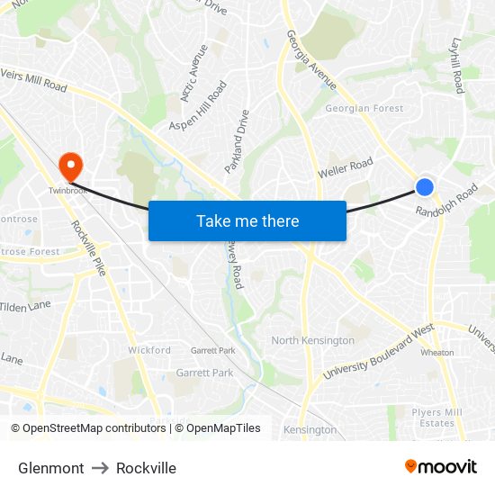 Glenmont to Rockville map