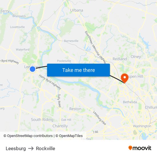 Leesburg to Rockville map