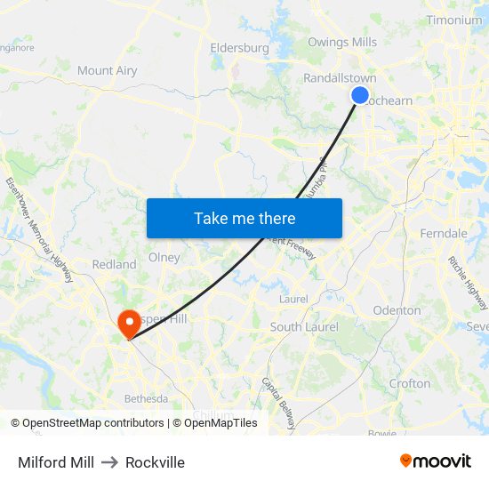 Milford Mill to Rockville map