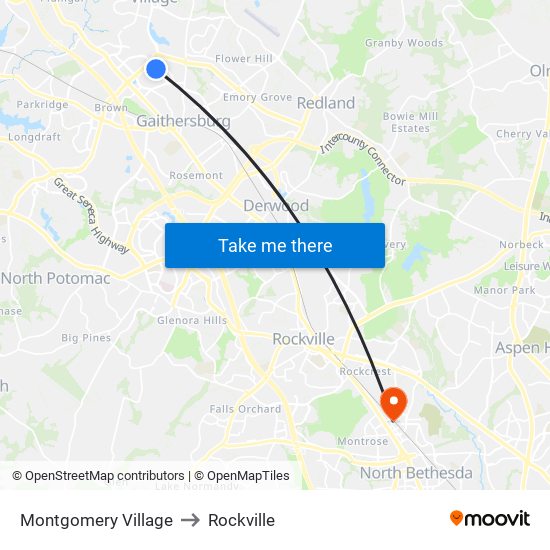 Montgomery Village to Rockville map