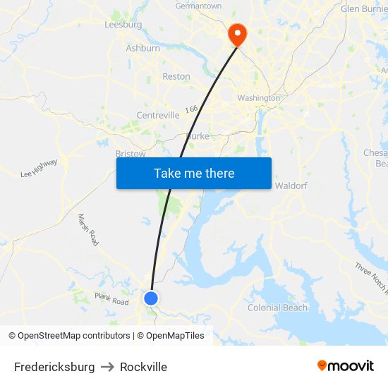 Fredericksburg to Rockville map