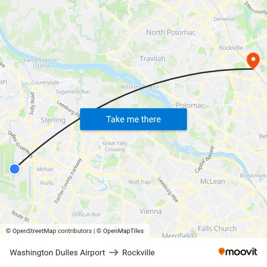 Washington Dulles Airport to Rockville map