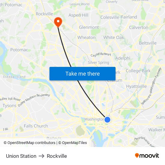 Union Station to Rockville map