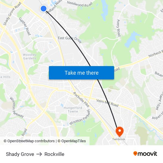 Shady Grove to Rockville map