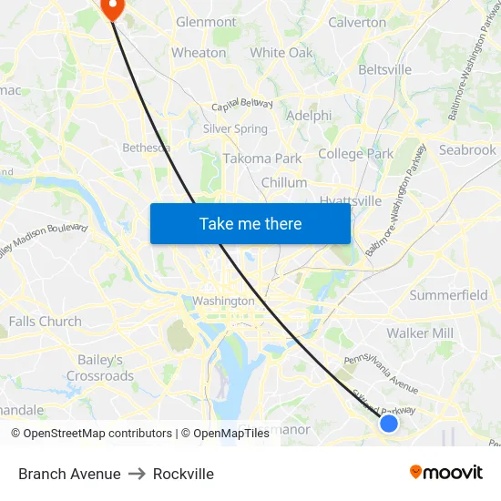 Branch Avenue to Rockville map