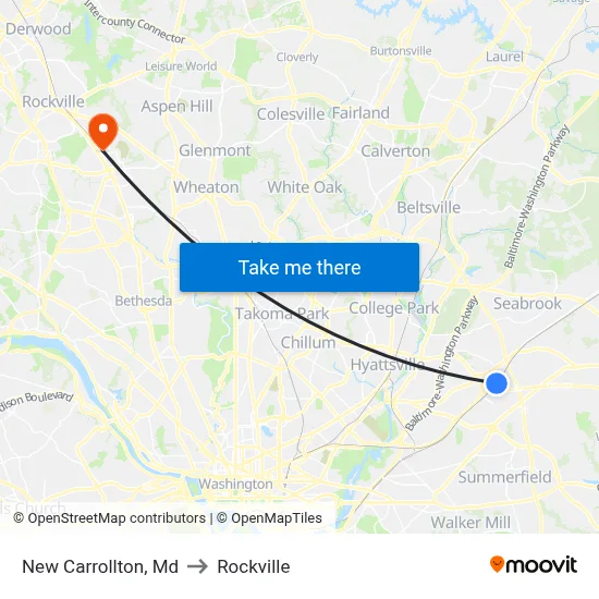 New Carrollton, Md to Rockville map