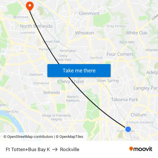 Fort Totten+Bay K to Rockville map