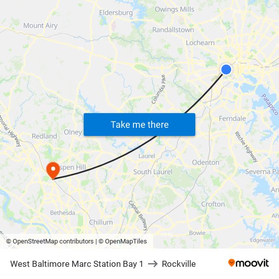 West Baltimore Marc Station Bay 1 to Rockville map