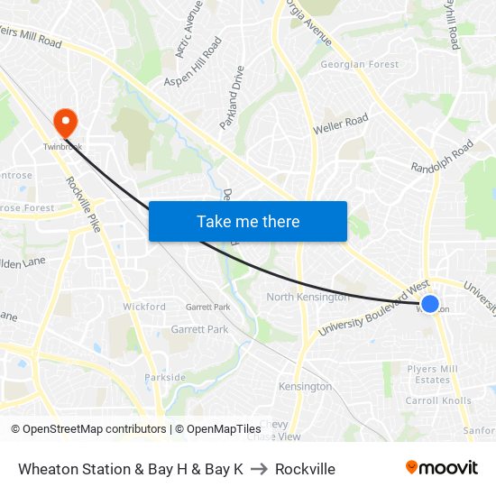 Wheaton Station  & Bay H & Bay K to Rockville map