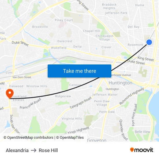 Alexandria to Rose Hill map