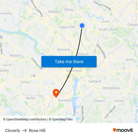 Cloverly to Rose Hill map