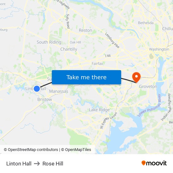 Linton Hall to Rose Hill map