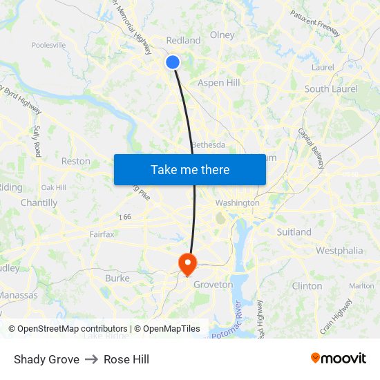 Shady Grove to Rose Hill map