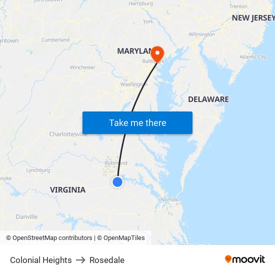 Colonial Heights to Rosedale map