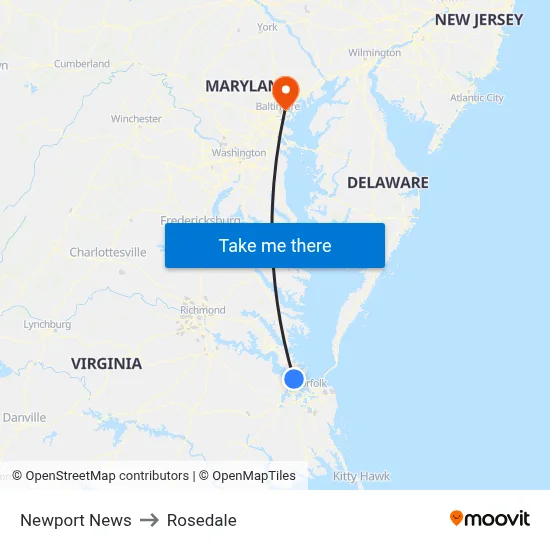 Newport News to Rosedale map